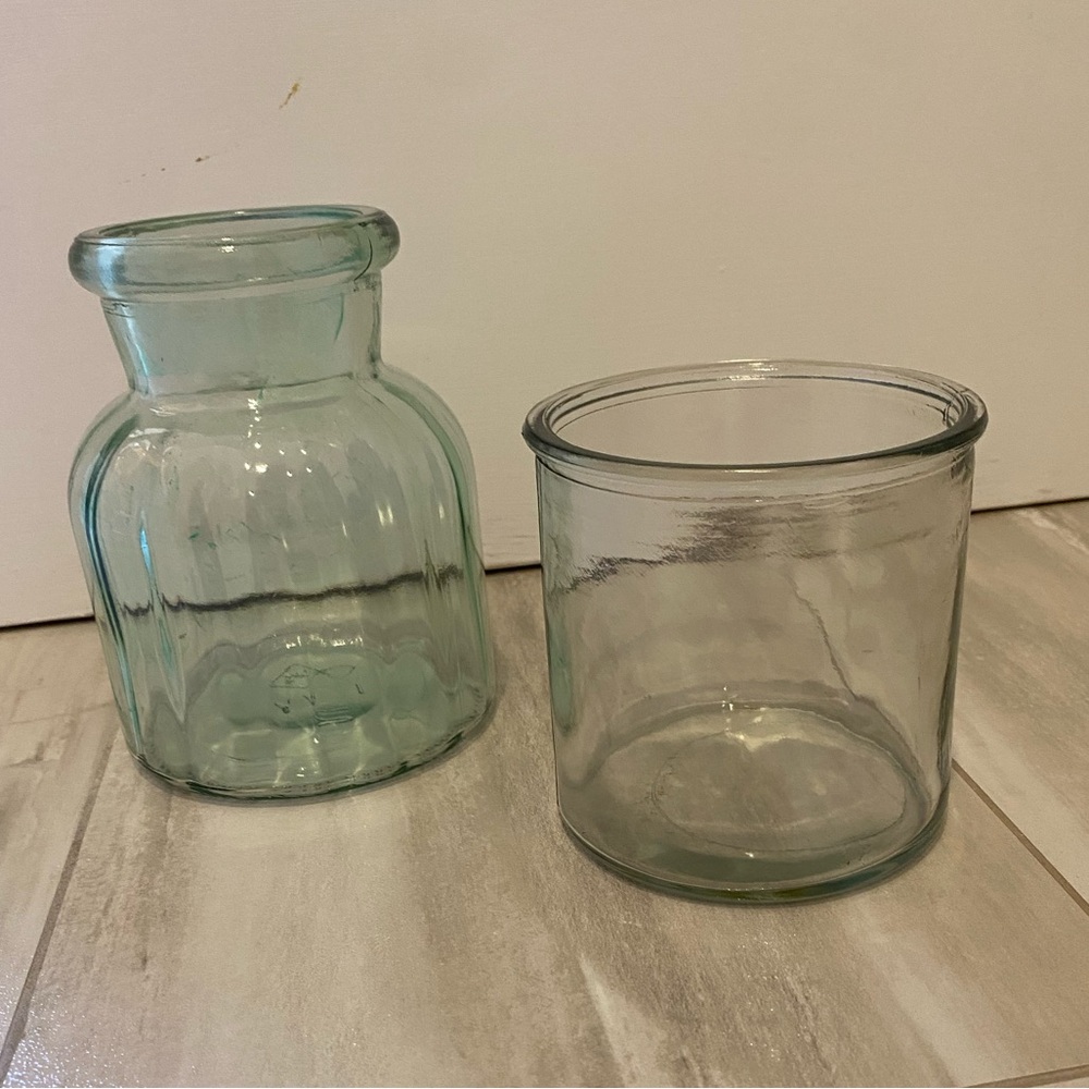 Bundle of Clear Round and Light Green Circular Textured Glass Vases
